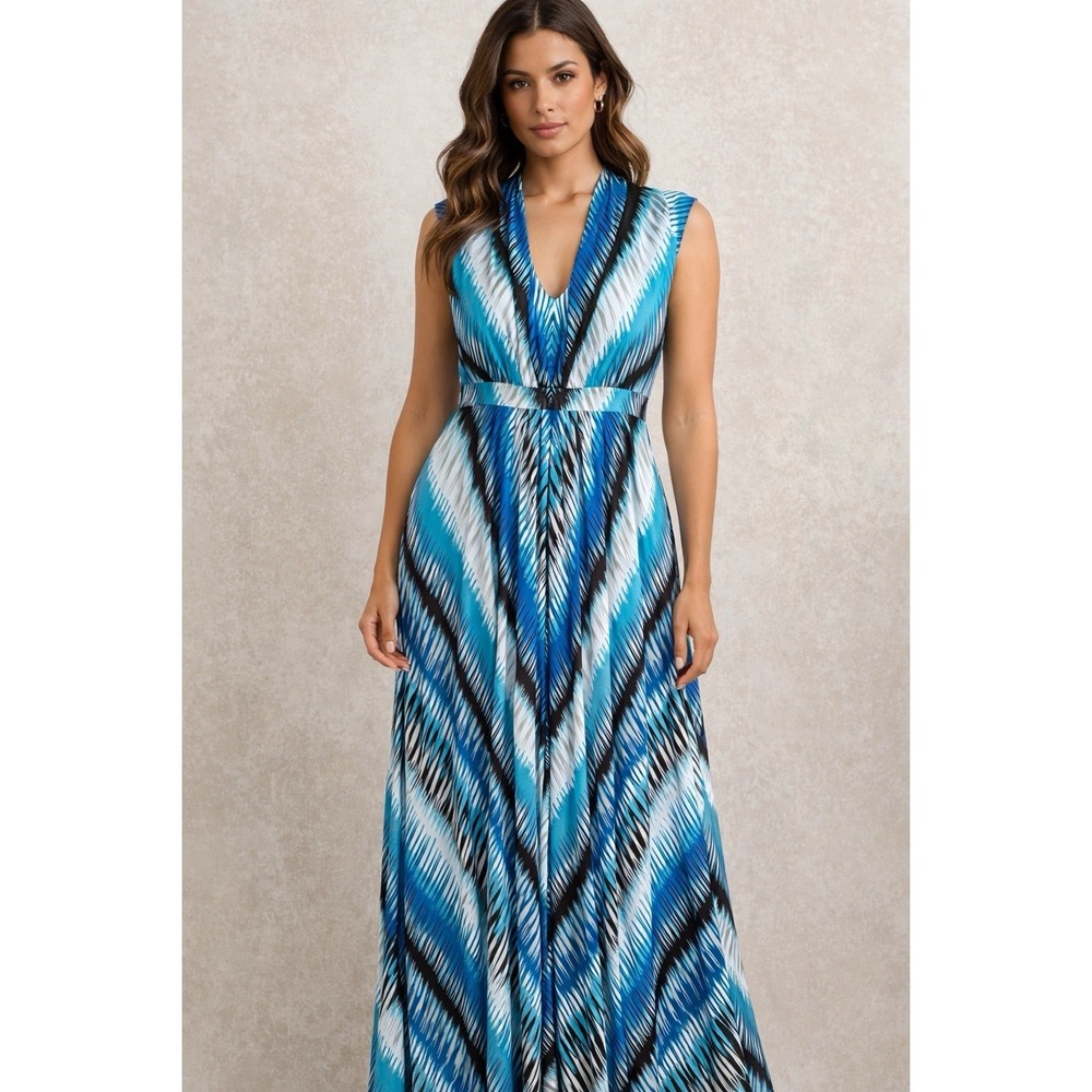 Chico's Blue White and Black Printed Sleeveless Maxi Dress